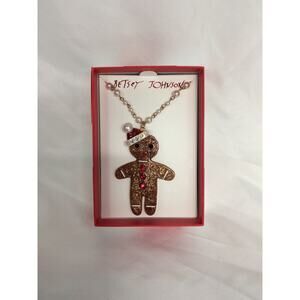 New Betsey Johnson Gingerbread Man Santa Claus Glitter Holiday Pendant Necklace